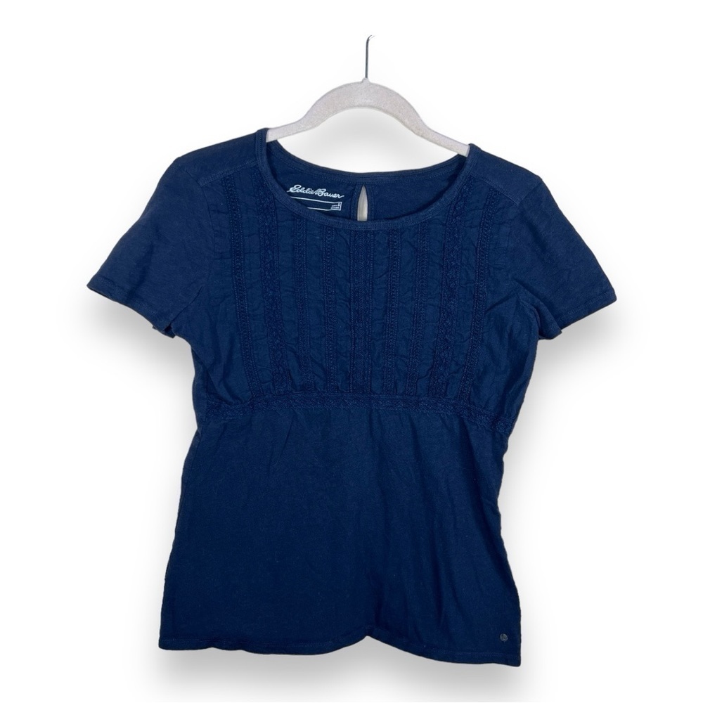 SMALL EDDIE BAUER DARK BLUE COTTON SHORT SLEEVE TOP EMBROIDERED ACCENT  CASUAL